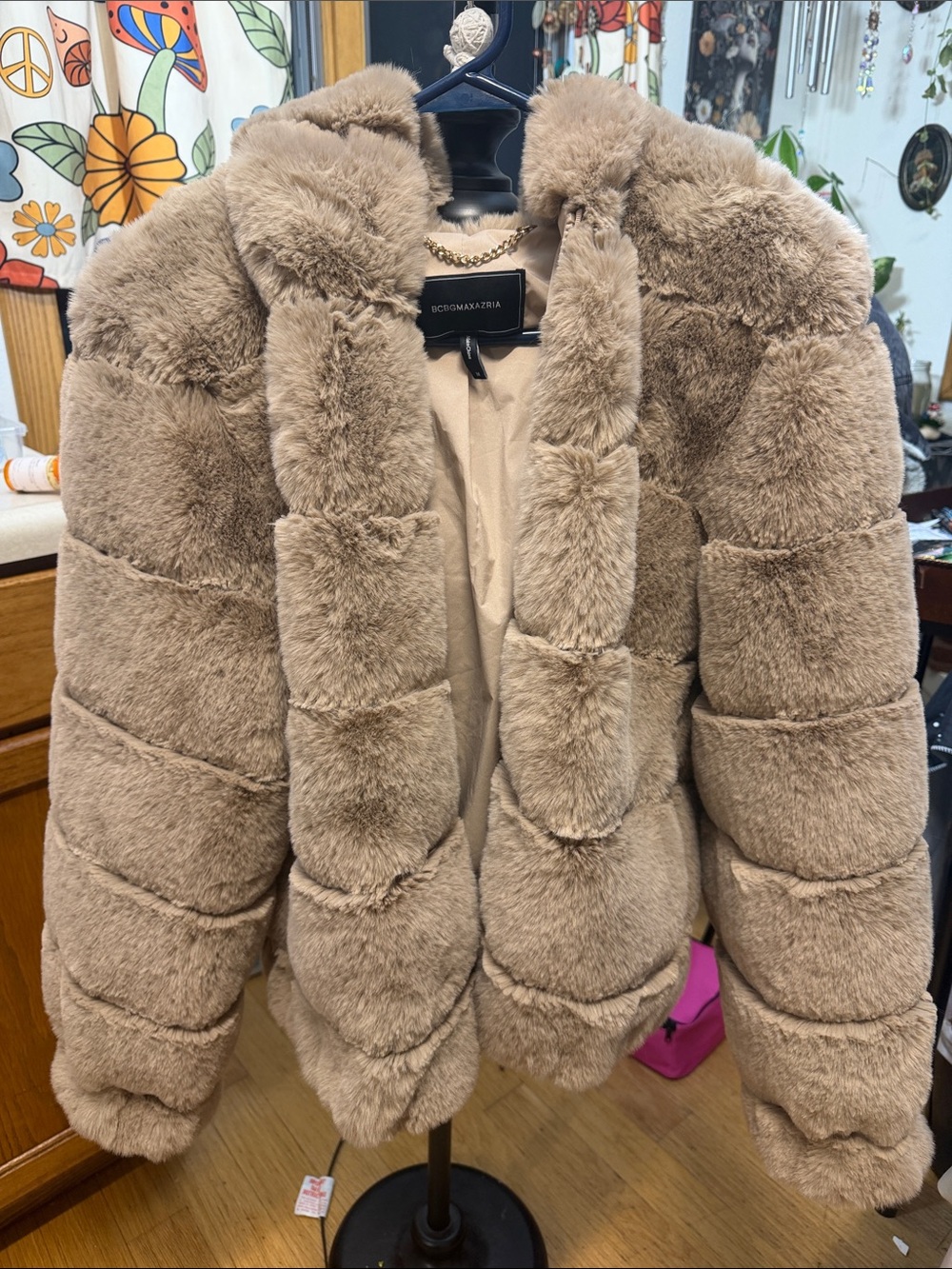 BCBGMaxAzria Taupe Plush Faux-Fur Puffer Jacket NWOT